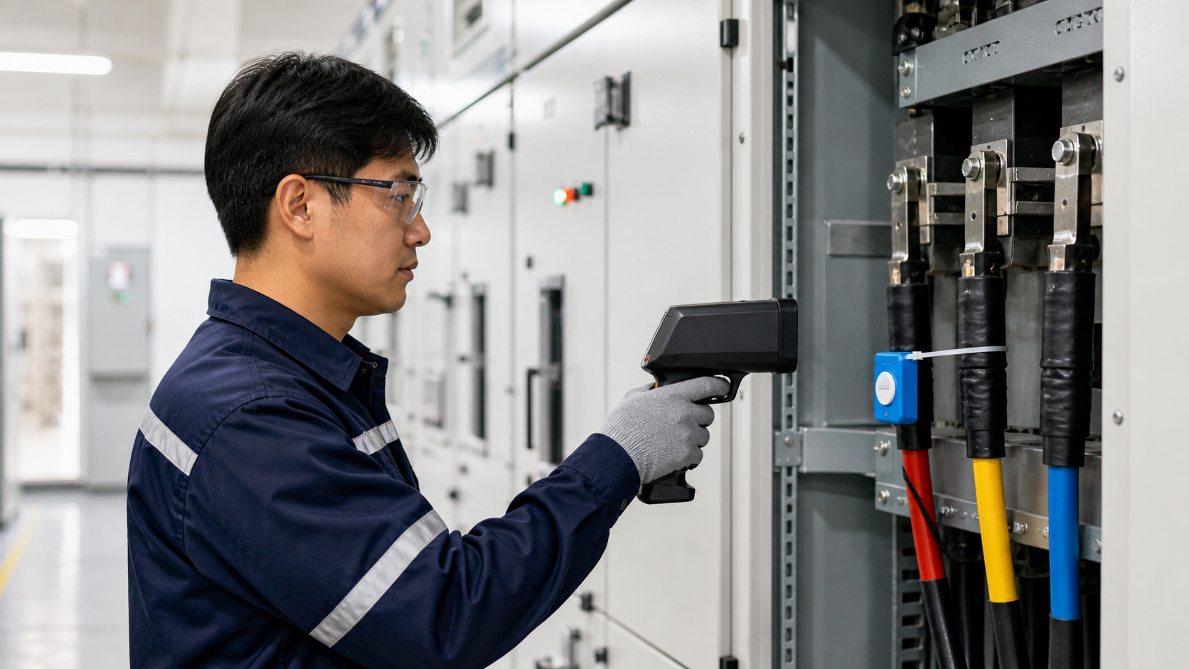Technician using a handheld RFID reader to check a wireless temperature tag