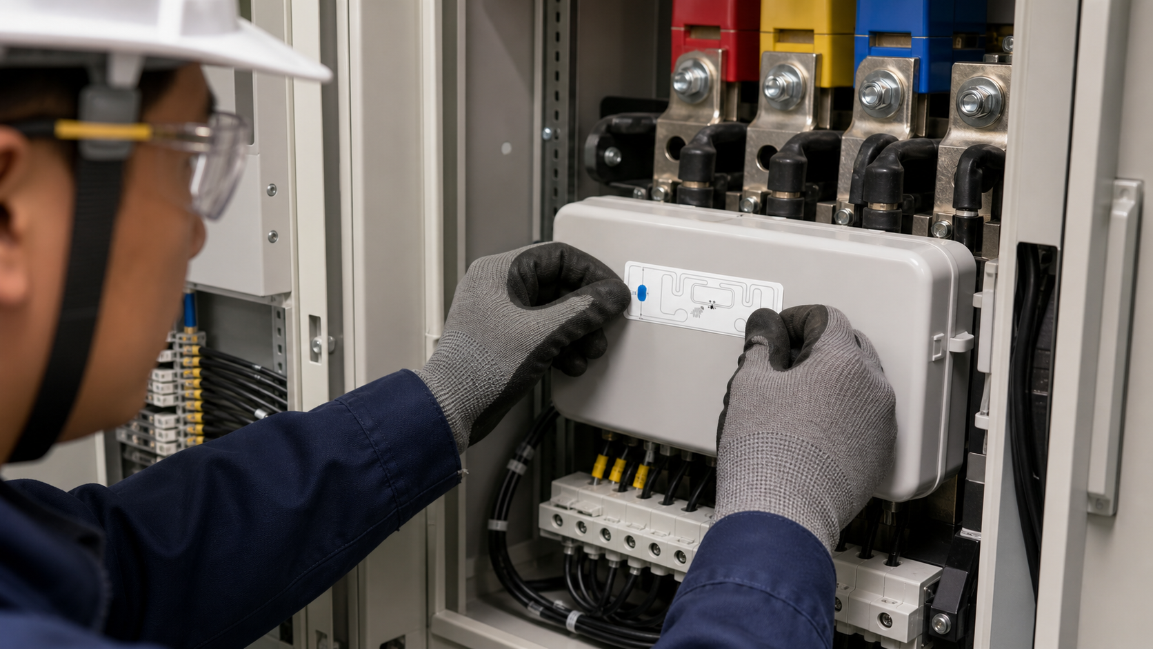 Thin adhesive UHF RFID temperature smart label being attached inside an electrical panel